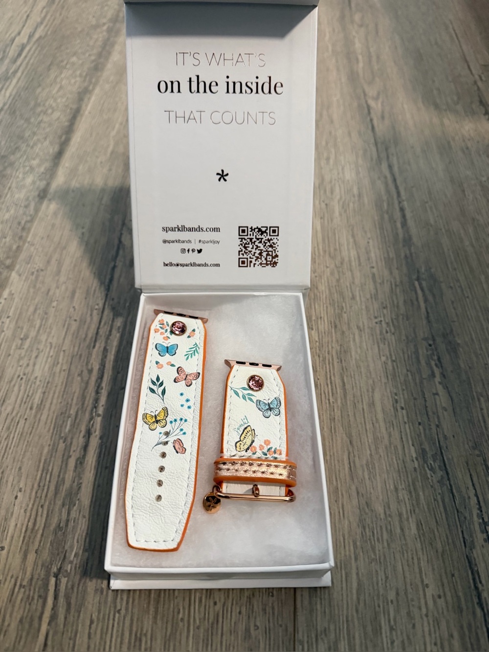 White Floral & Butterfly Leather Watch Band with Rose Gold Accents SZ 4